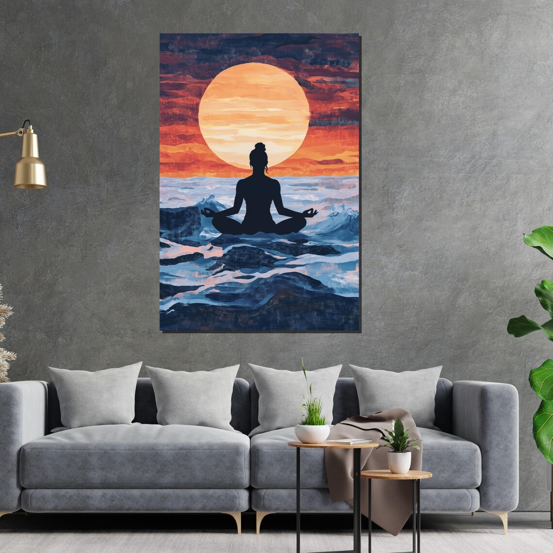 Sunset Meditation Silhouette Woman Ocean Waves Yoga Art Poster - Image 2