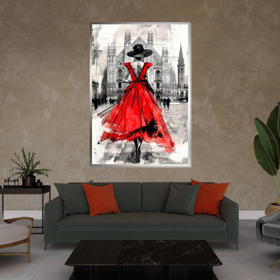 Lady In Red Dress Before Milan Cathedral Romantic Fashion Art Poster - Image 3