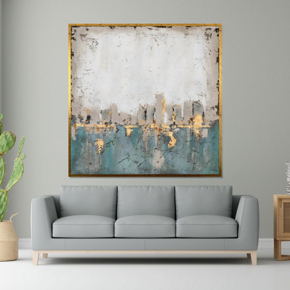 Misty Cityscape Teal And Gold Abstract Skyline Reflection Print