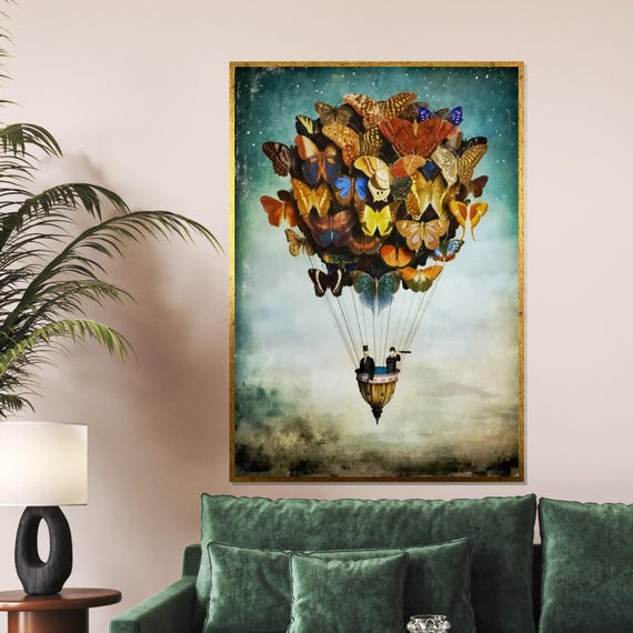 Butterfly Balloon Surreal Art Vintage Hot Air Balloon Wall Art Design Framed Art Ready To Hang Decor Wall Decor