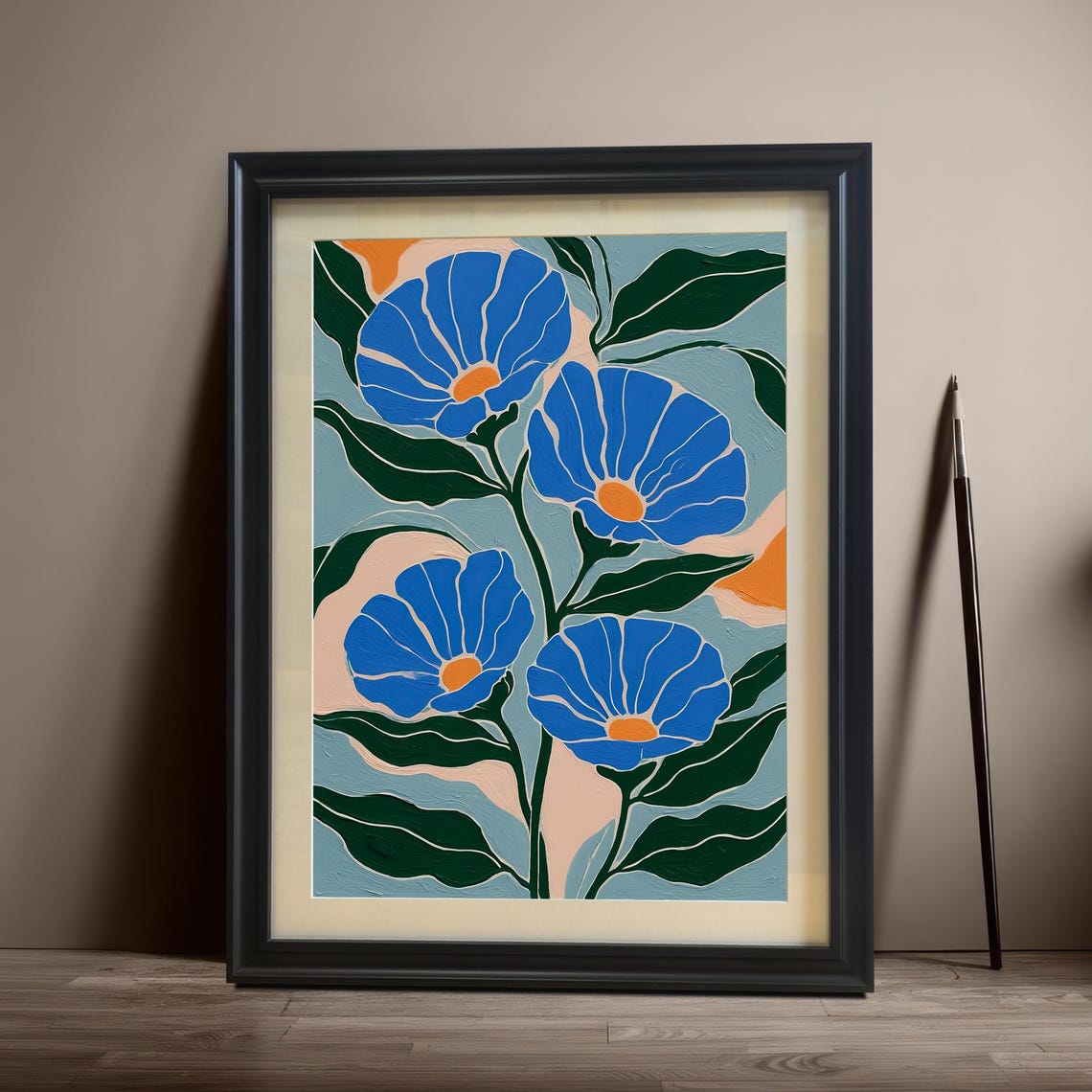 Blue Morning Glory Flowers Stylized Botanical Floral Art Poster