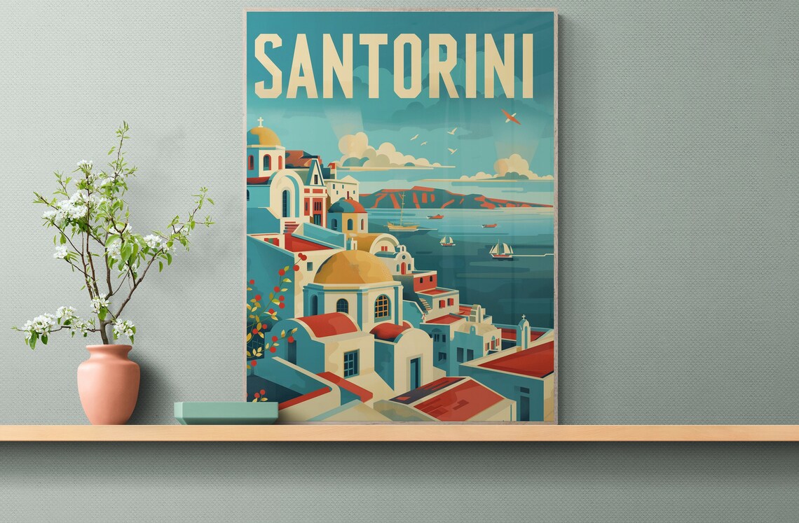 Santorini Caldera White Churches Blue Domes Greece Travel Poster