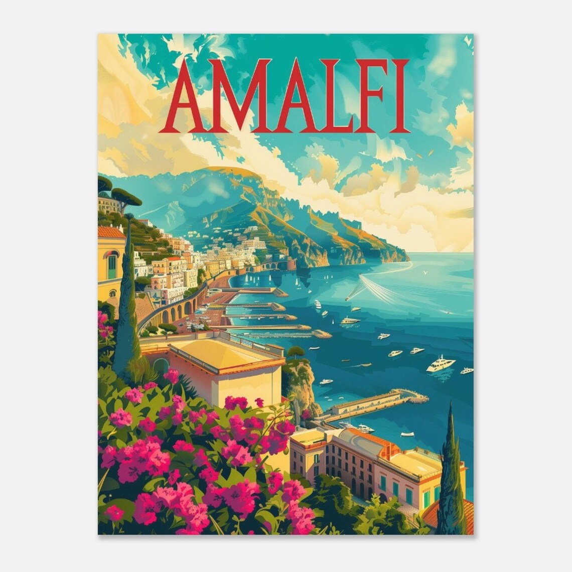 Amalfi Coast Cliffs Bougainvillea Vintage Italian Sea Poster - Image 2