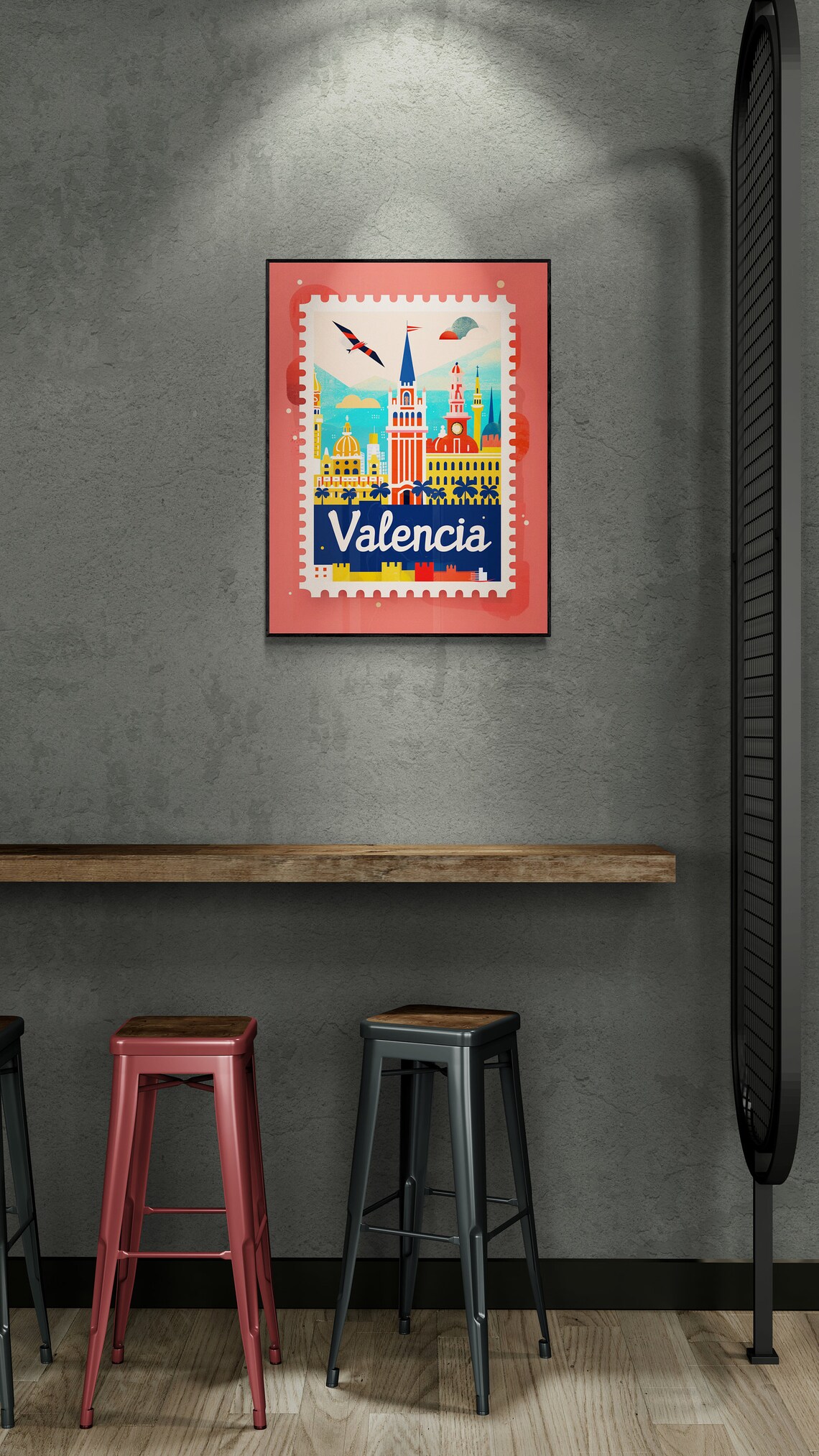 Valencia City Skyline Blue Spire Palm Trees Stamp Style Travel Poster - Image 5