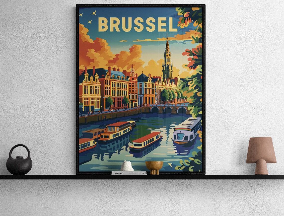 Brussel Canal Boats and Church Tower Vintage Belgian Travel Poster - Image 2