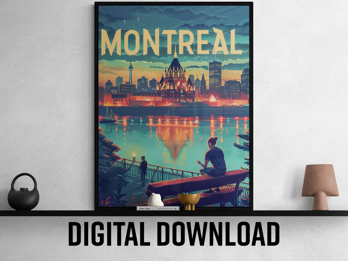 Montreal Riverside Night Skyline Lights Bench Waterfront Travel Poster - Image 2