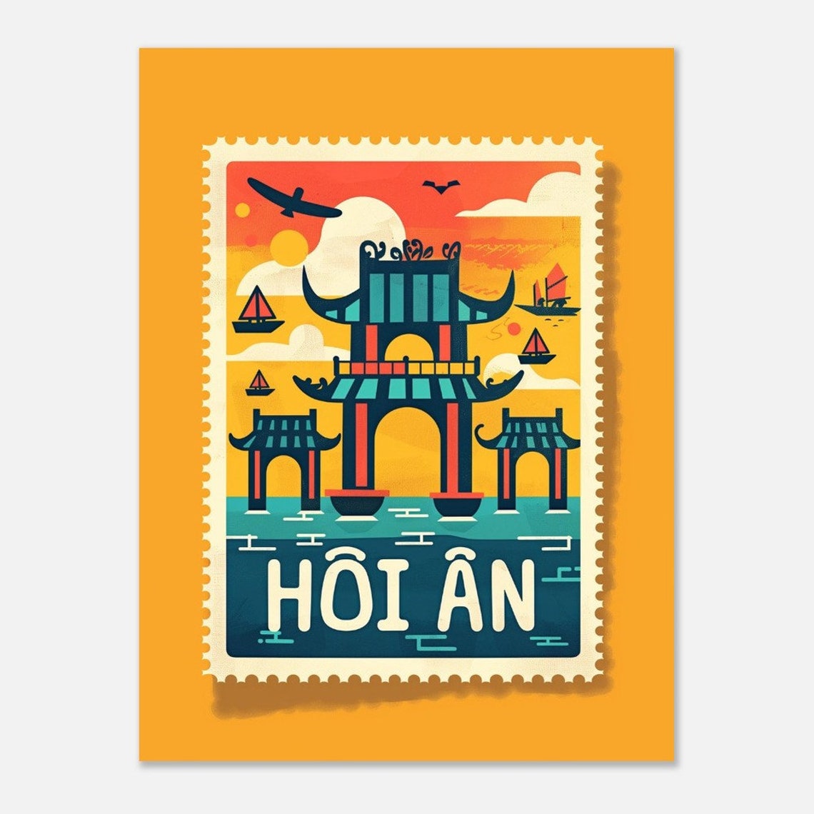 Hoi An Vietnam Covered Bridge Sunset Boats Stamp Travel Art Poster - Image 2