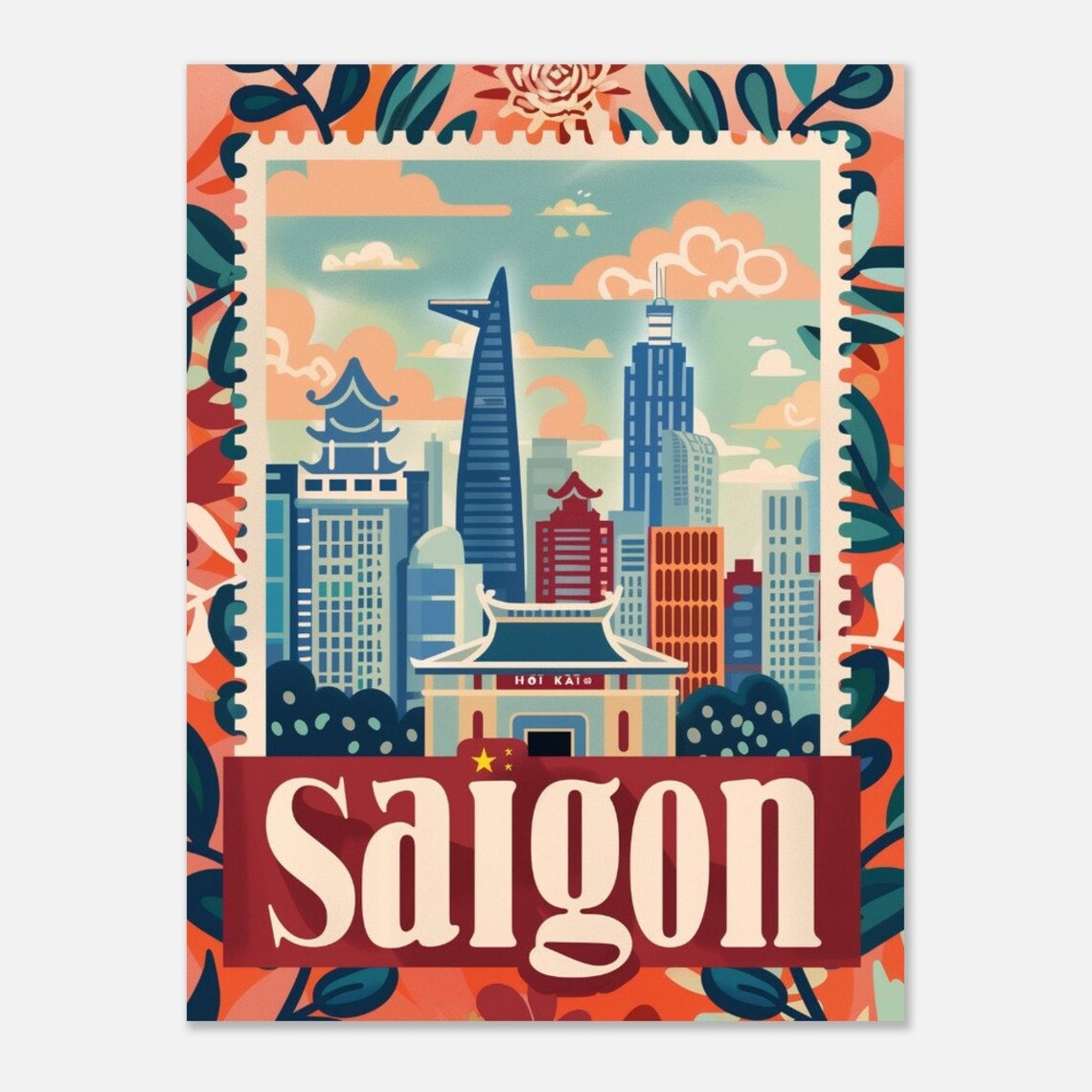 Saigon Vietnam Bitexco Skyline Pagoda Stamp Travel Art Poster - Image 2