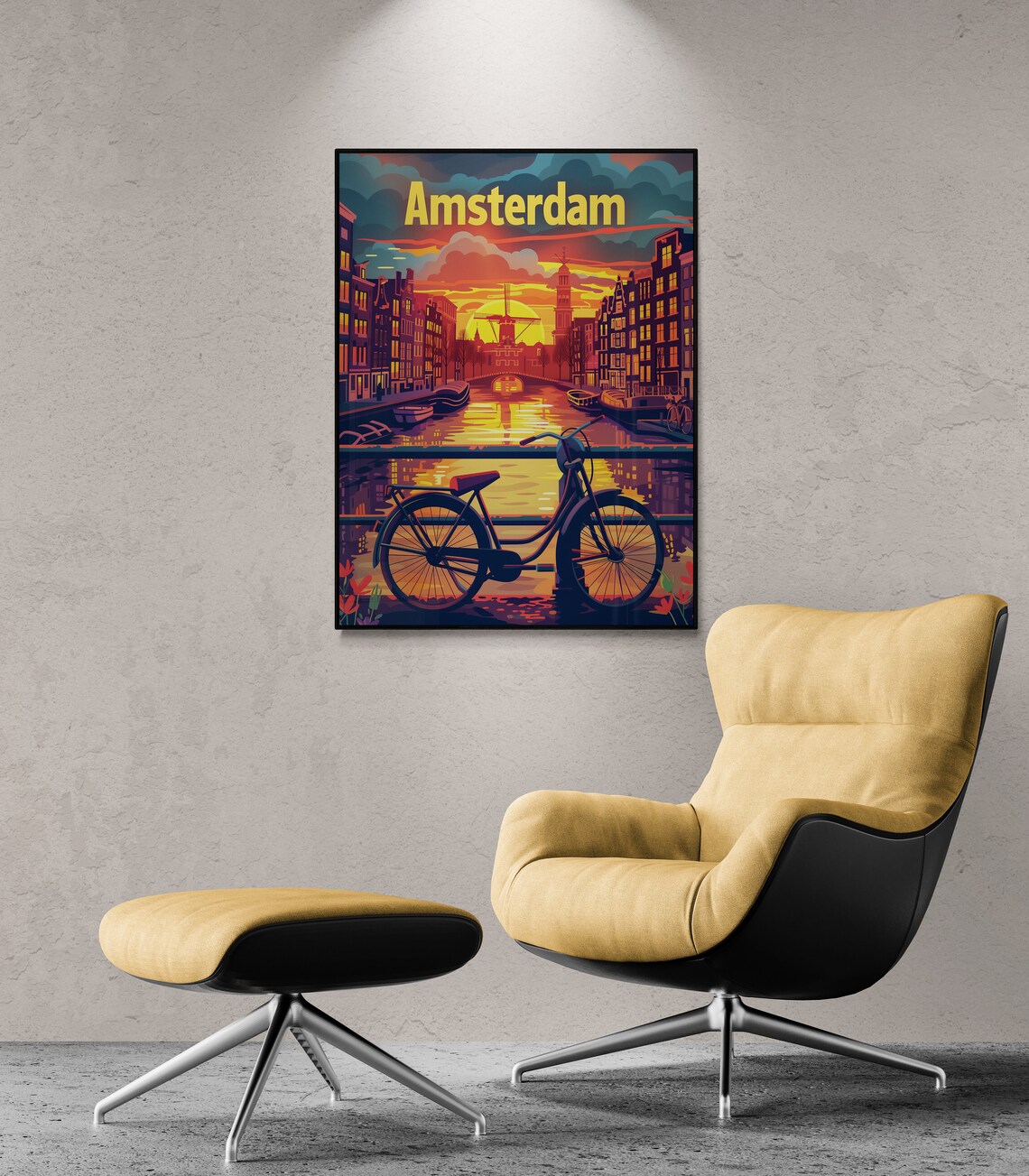Amsterdam Bicycle Bridge Canal Sunset Windmill Vintage Travel Poster - Image 3