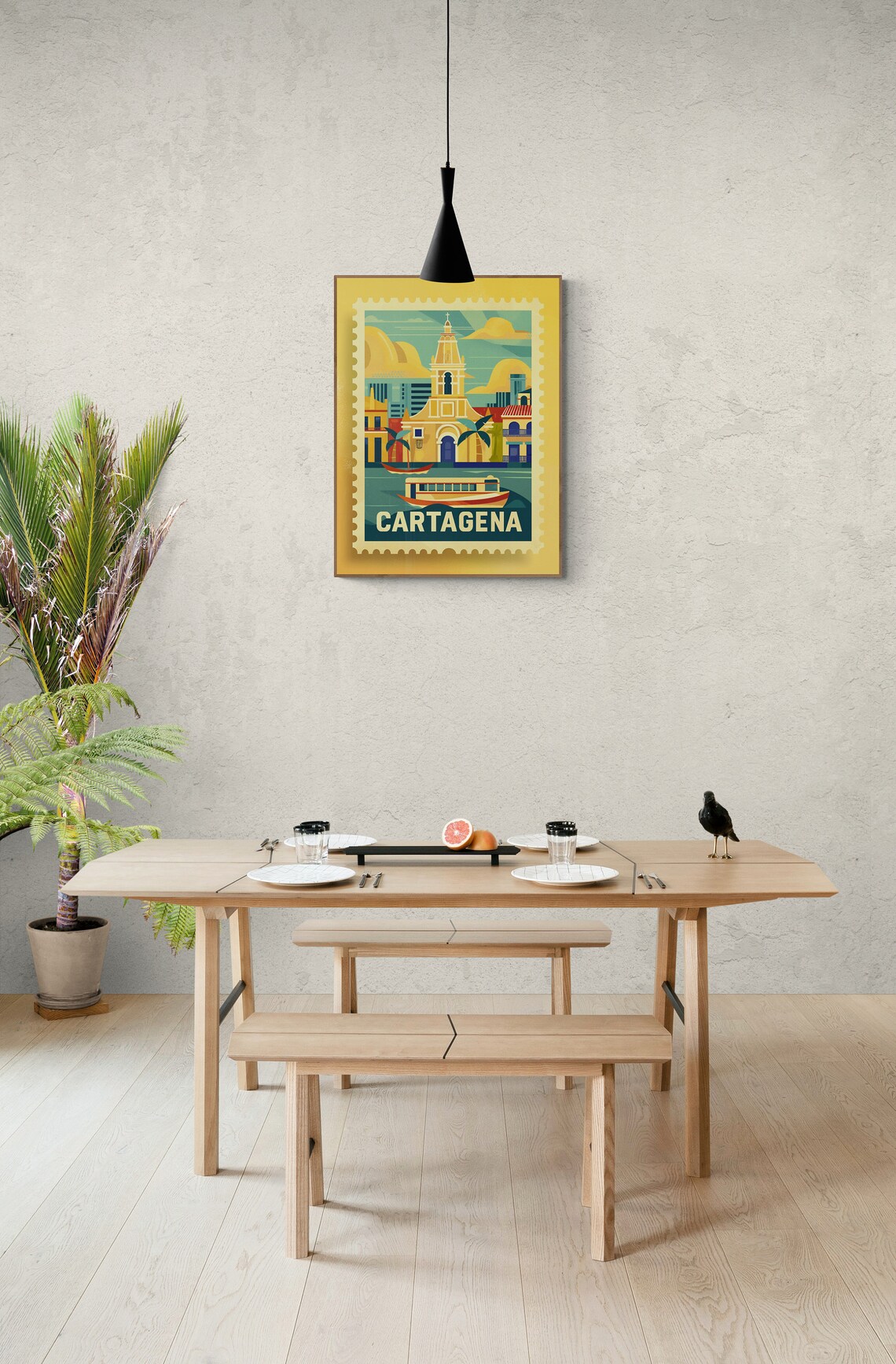 Cartagena Colonial Church Boats Vintage Travel Stamp Style Poster - Image 3