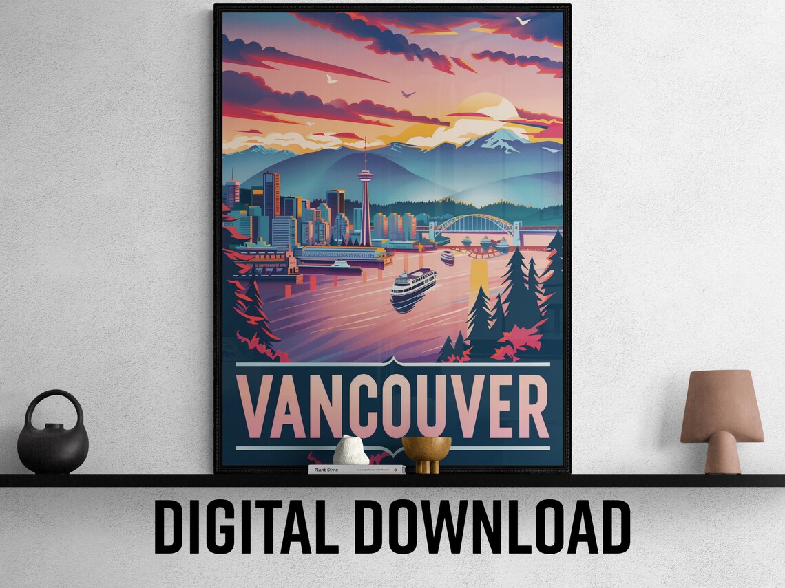 Vancouver Harbor Ferry Mountains Bridge Sunset Colors Travel Poster - Image 3