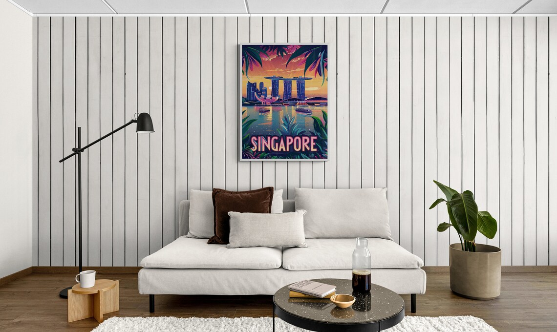 Singapore Marina Bay Tropical Foliage Sunset Travel Poster Art - Image 3
