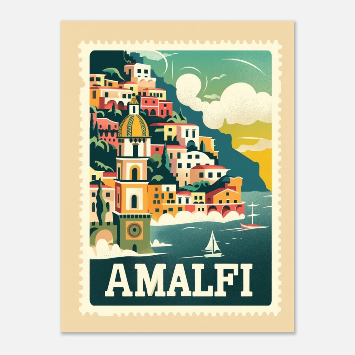 Amalfi Coast Cliffside Village Sailboat Vintage Stamp Travel Poster - Image 2