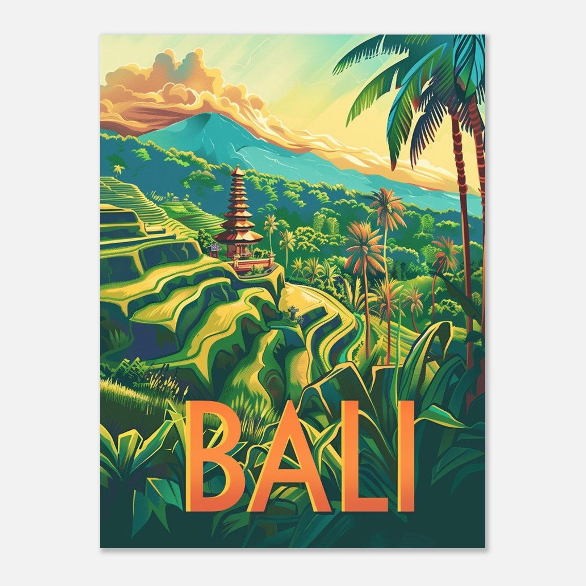 Bali Rice Terraces Temple Volcano Lush Green Indonesia Travel Poster - Image 2