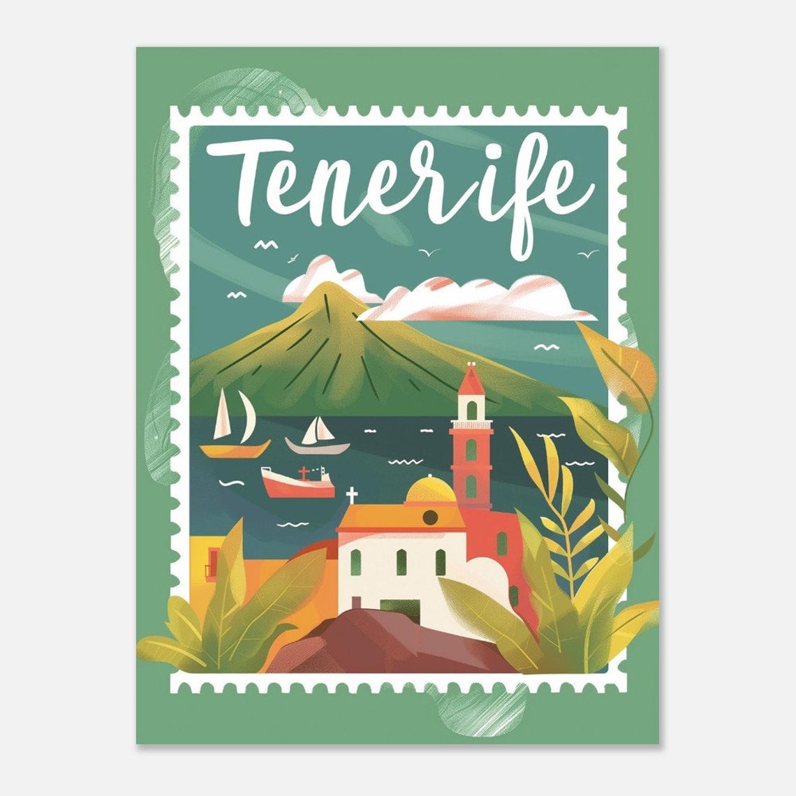 Tenerife Mount Teide Volcano Harbor Boats Stamp Style Travel Poster - Image 2