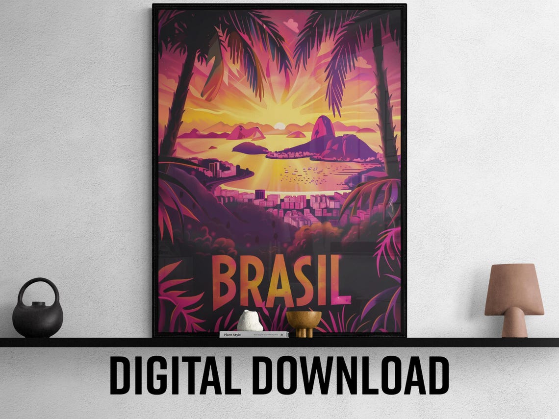 Brasil Fiery Rio De Janeiro Sugarloaf Sunset Bay Travel Poster