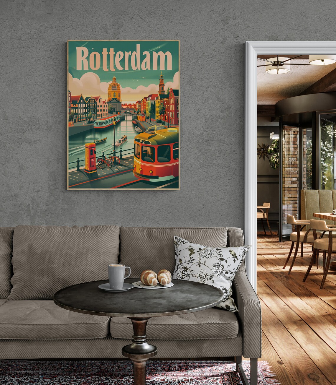 Rotterdam Netherlands Canal Bridge Tram Bike Vintage Travel Poster - Image 3