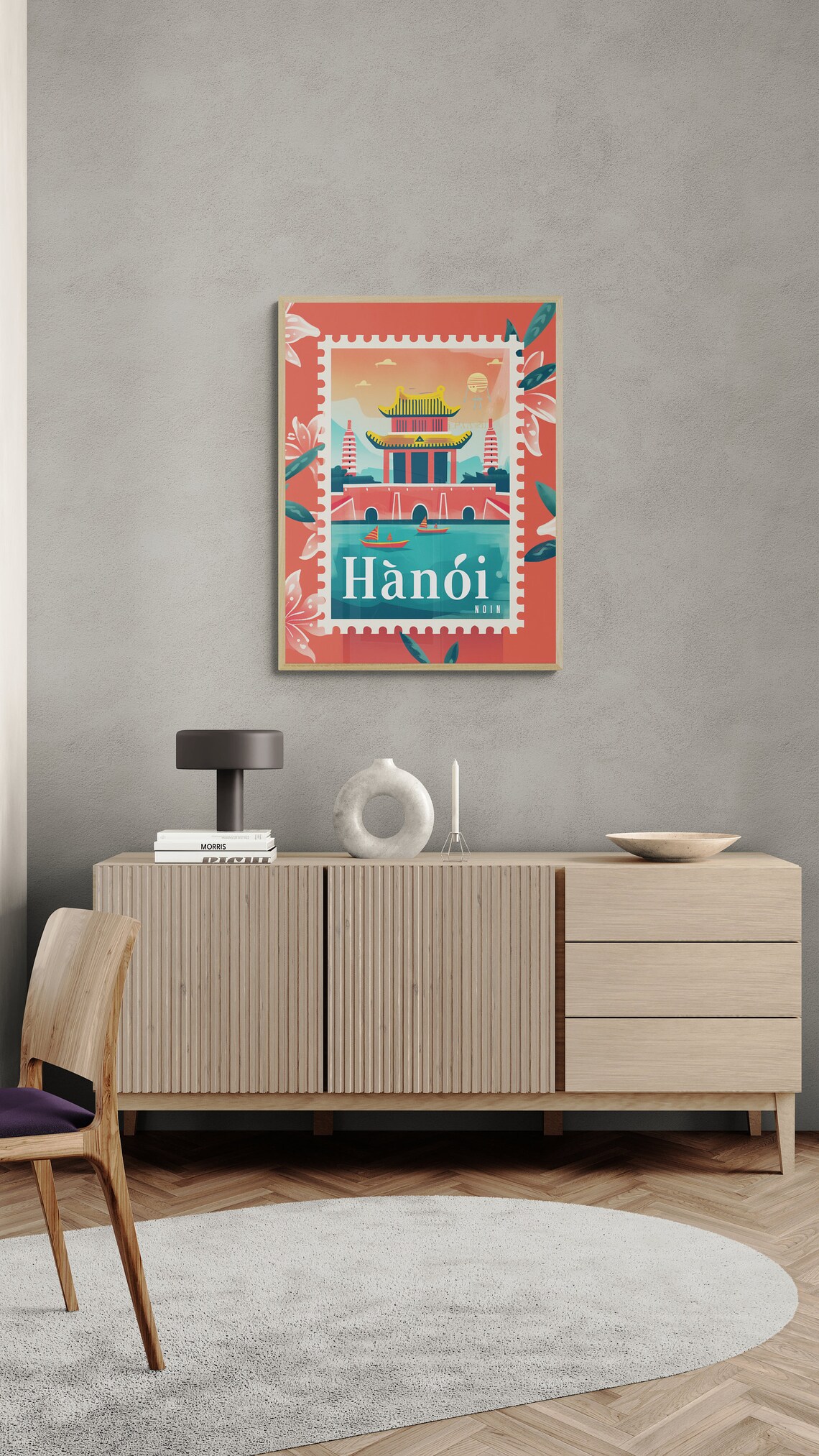 Hanoi Vietnam Temple Boats Vintage Travel Stamp Style Poster - Image 3