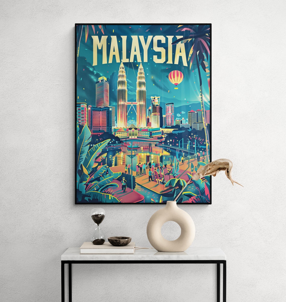 Malaysia Kuala Lumpur Night Skyline Balloon Retro Travel Poster - Image 2