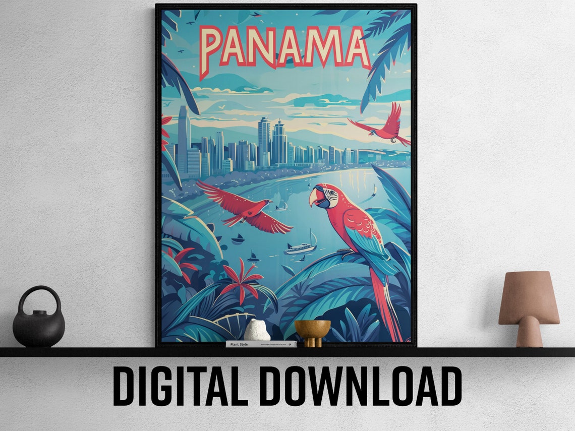 Panama Tropical Bay Macaw Parrots City Skyline Palm Travel Poster - Image 2
