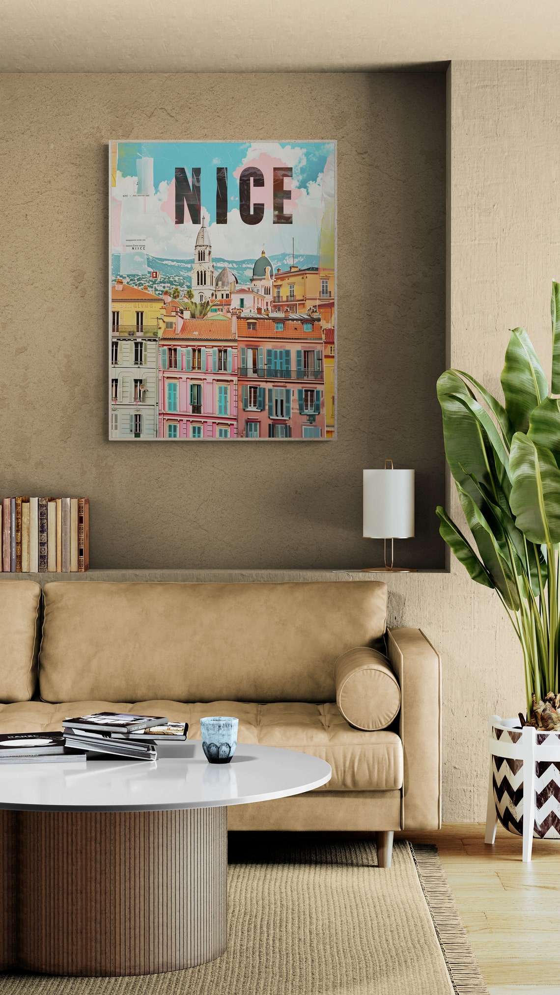 Nice Pastel Facades Bell Tower Collage Pink France Travel Poster - Image 3