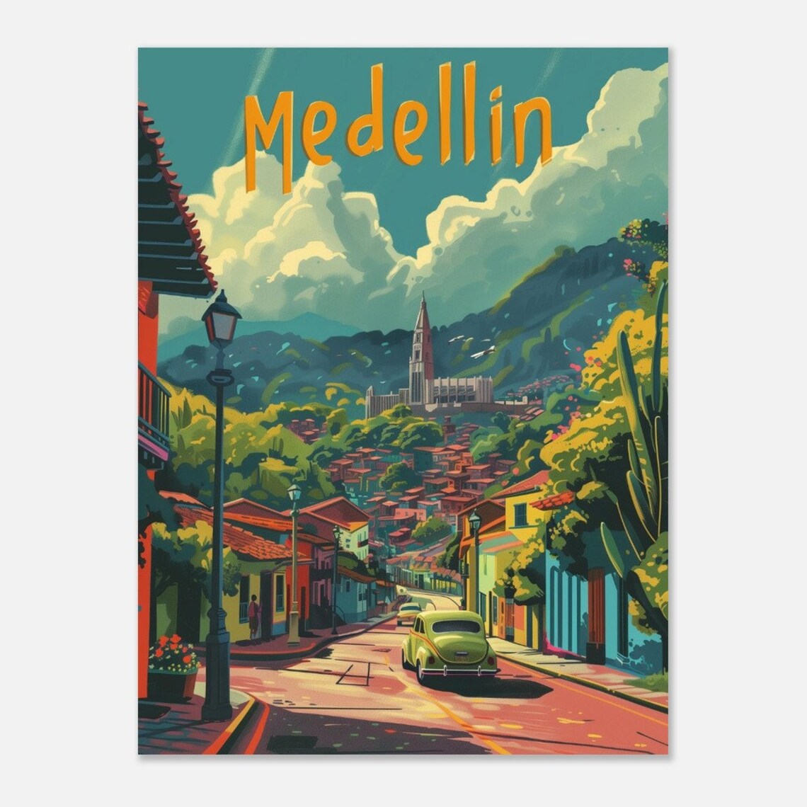 Medellin Vintage Car Street Mountain Town Colombia Poster Art - Image 2