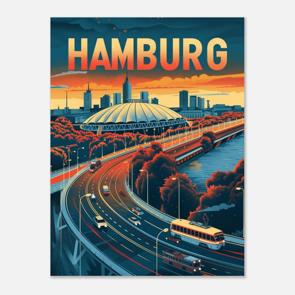 Hamburg City Stadium Sunset Highway Skyline Retro Travel Poster - Image 2