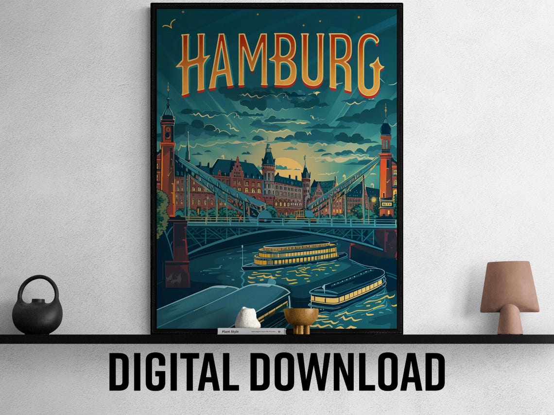 Hamburg Germany Night Skyline Bridge River Vintage Travel Poster