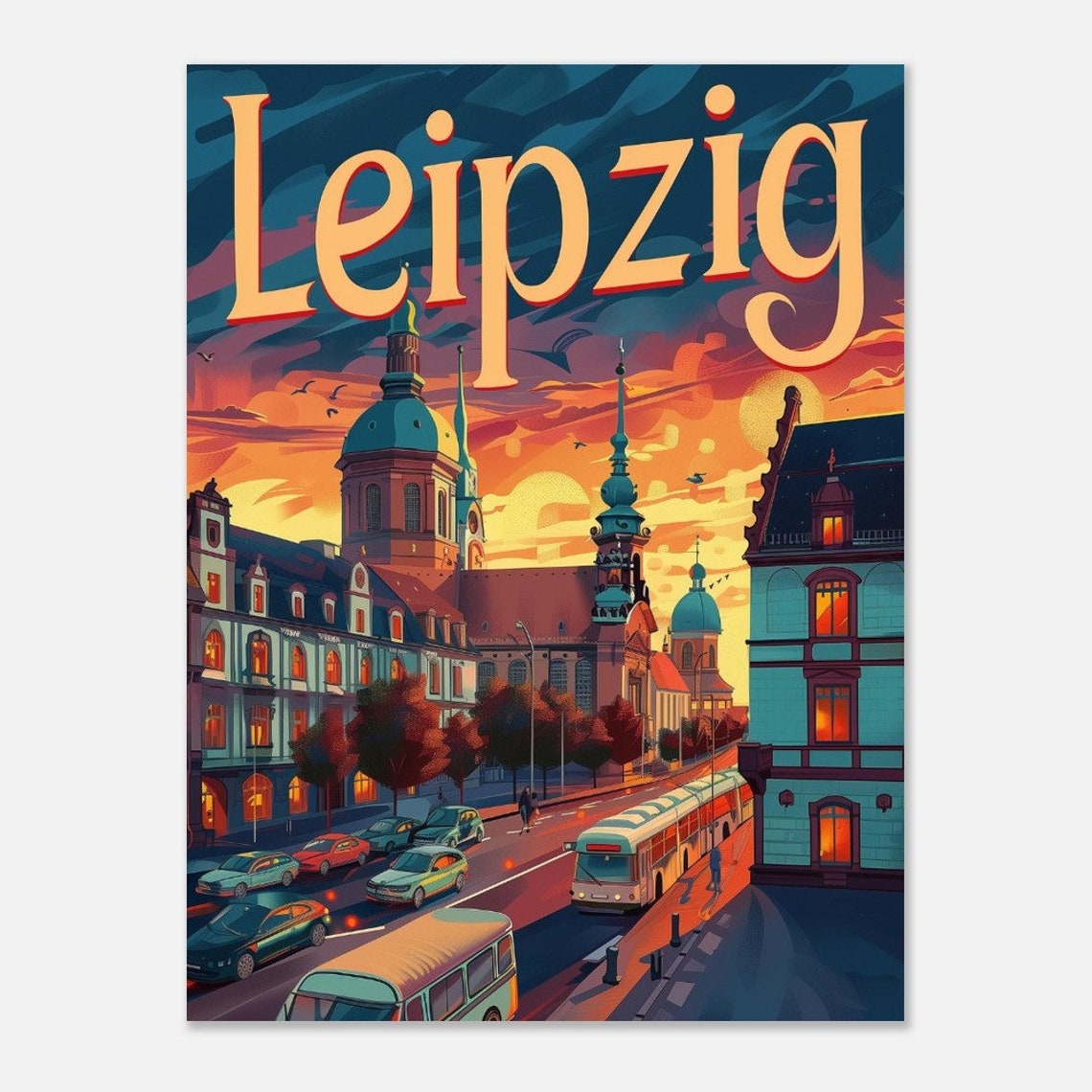 Leipzig Germany St Nicholas Church Buses Sunset Vintage Travel Poster - Image 2