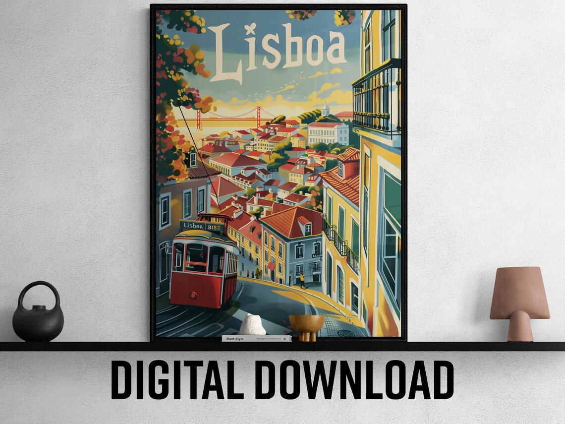 Lisbon Portugal Classic Red Tram Street View Travel Poster Art