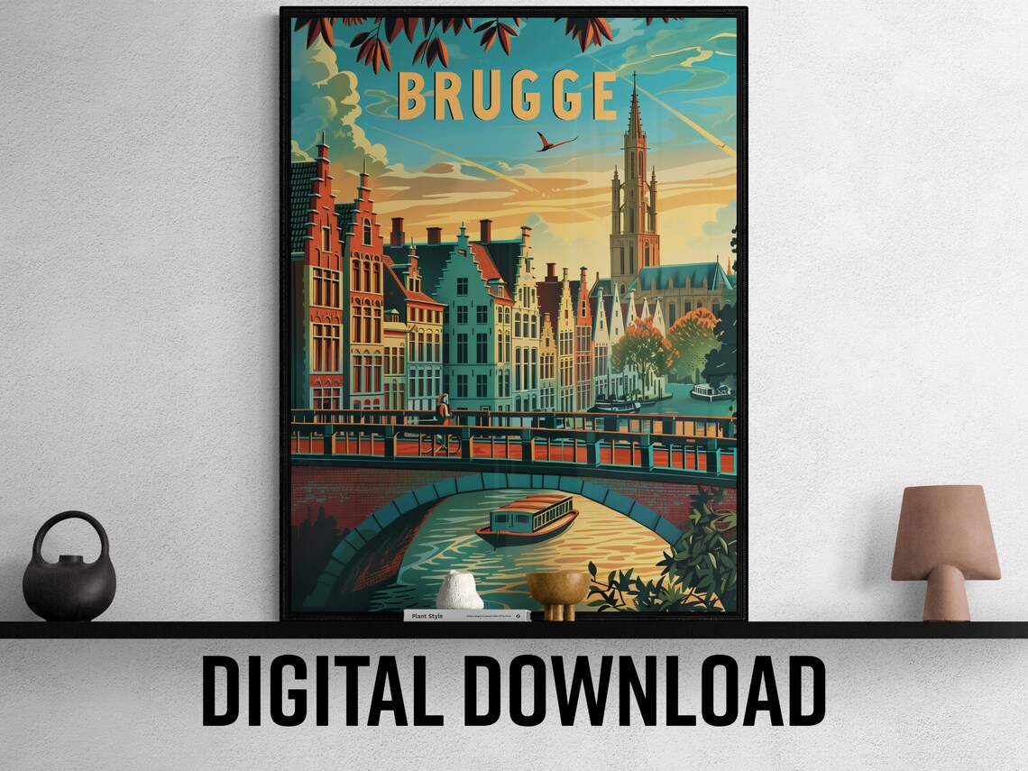Brugge Canal Bridge Belfry Colorful Medieval Old Town Travel Poster