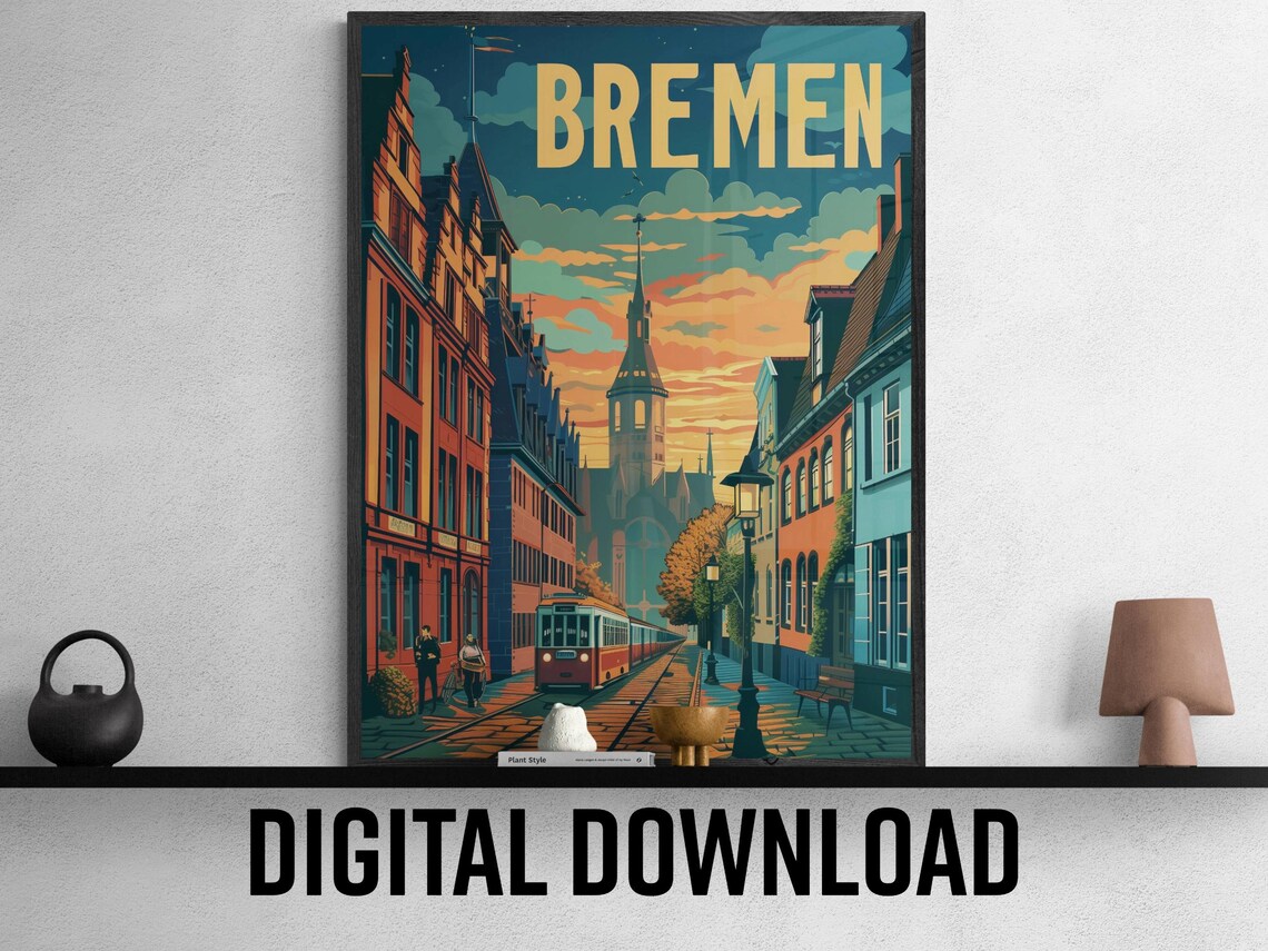 Bremen Charming Old Town Street Tram Cathedral Sunset Travel Poster