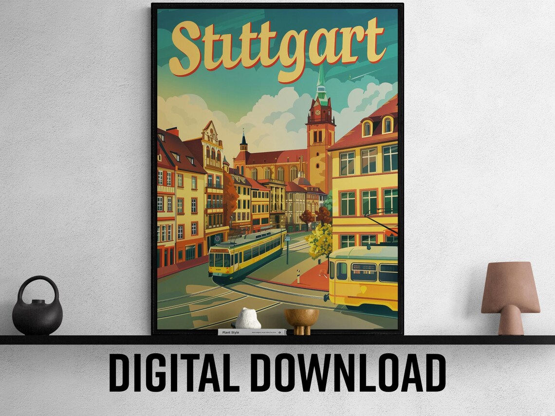 Stuttgart Germany Vintage Tram Old Town Retro Travel Poster Art