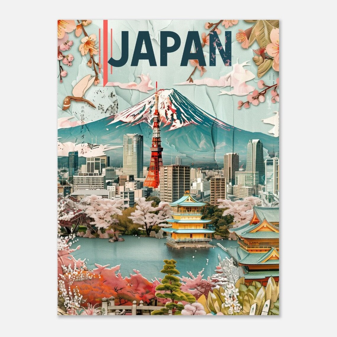 Japan Mount Fuji Tokyo Tower Cherry Blossom Collage Travel Poster - Image 2