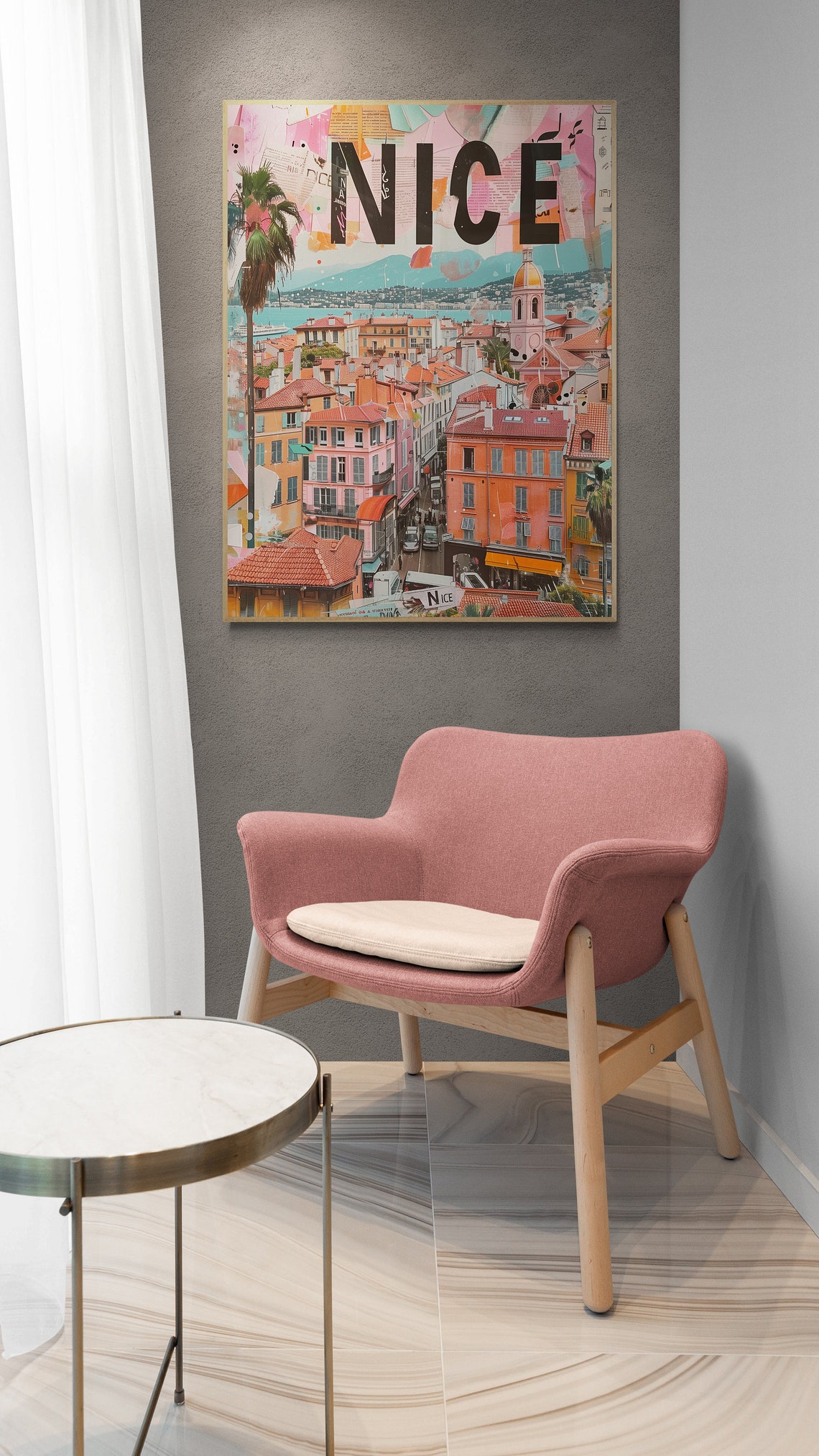 Nice Old Town Rooftops Palm Collage Pink Retro France Travel Poster - Image 3