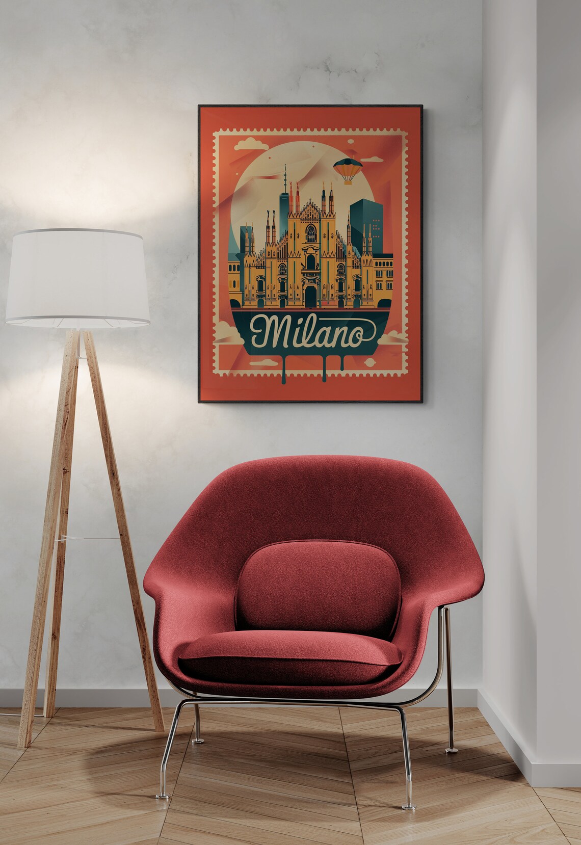 Milan Duomo Cathedral Retro Stamp Style Coral Italy Travel Poster - Image 3
