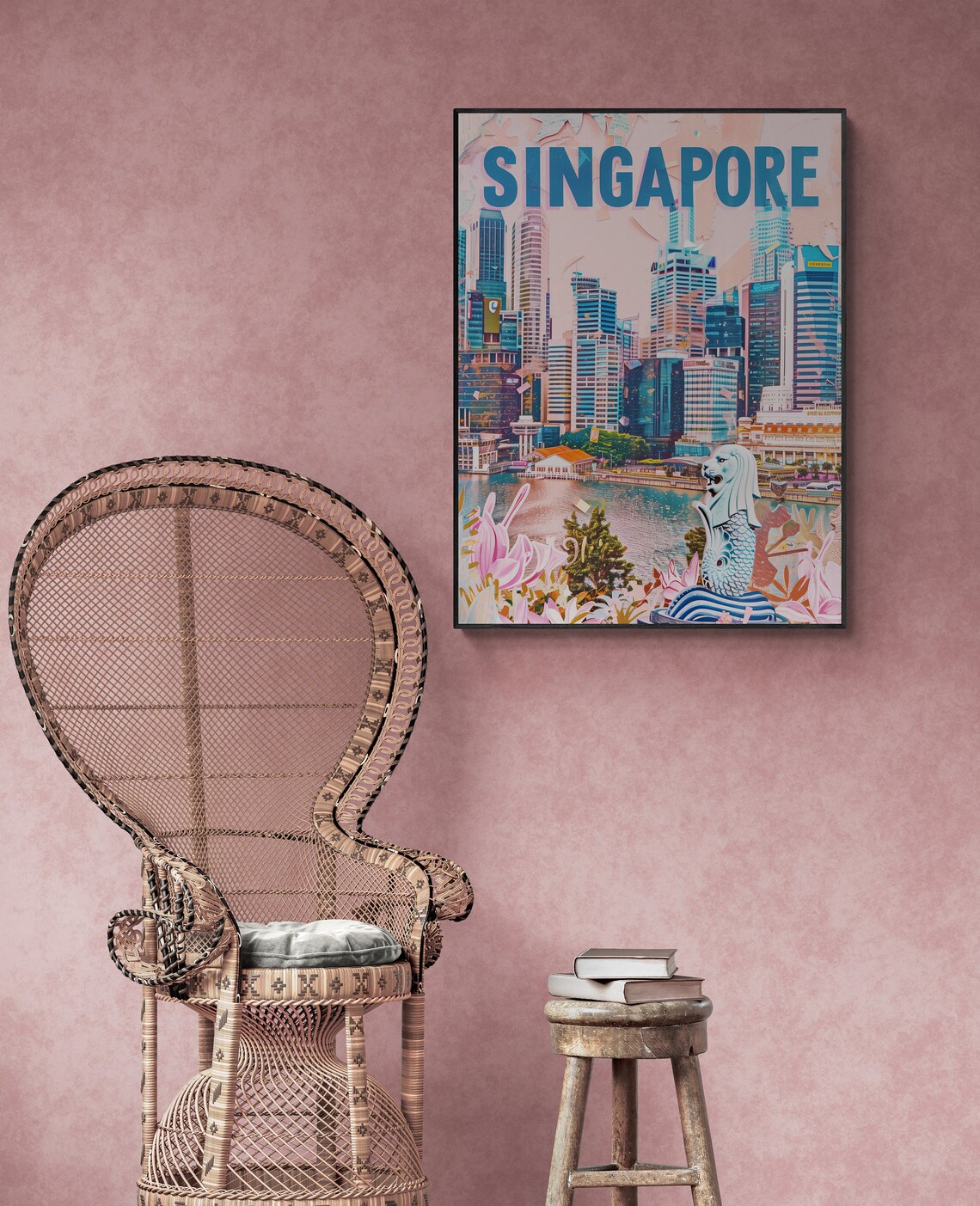 Singapore Merlion Marina Skyline Vintage Collage Travel Poster - Image 3