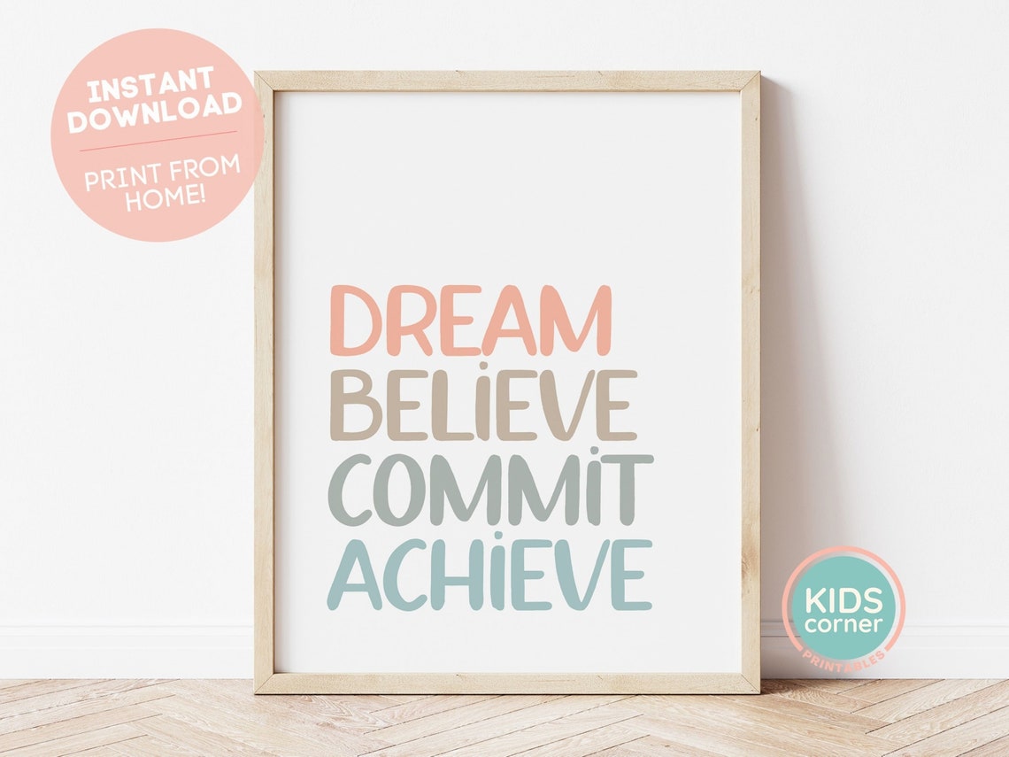 Dream Believe Commit Achieve Boho Goal Setting Word Art Poster