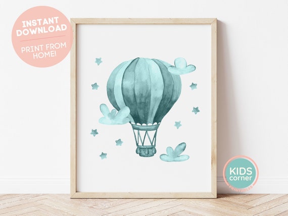 Blue Hot Air Balloon Print Air Transport Print Air Transportation Print Kids Corner Nursery Art Decoration