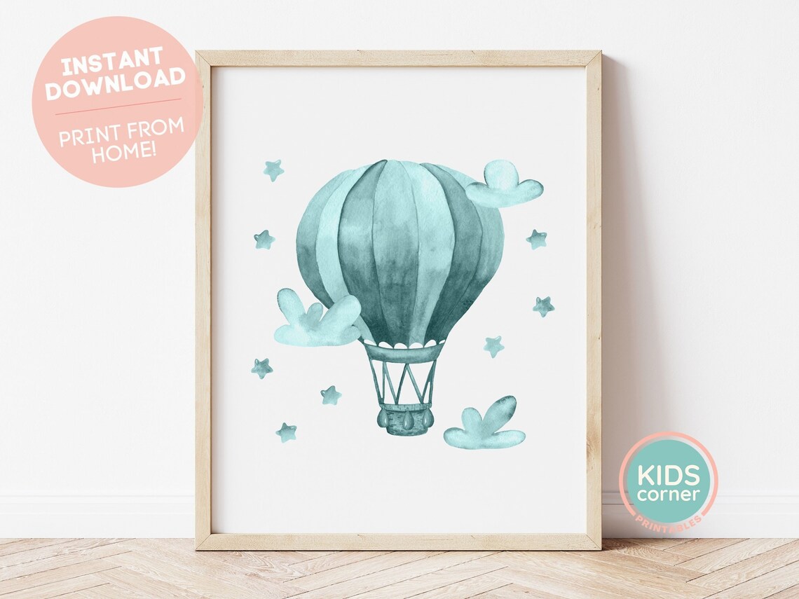 Teal Watercolor Hot Air Balloon Stars Clouds Nursery Wall Art