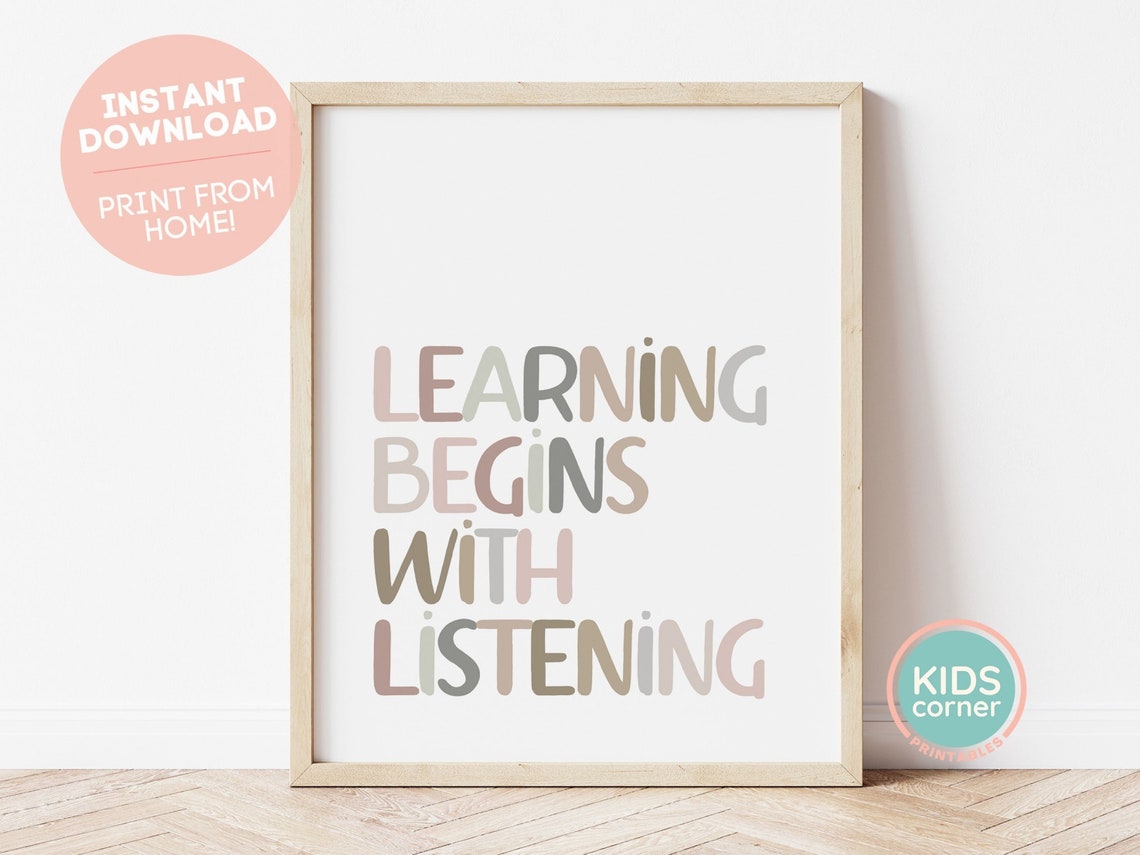 Learning Begins With Listening Neutral Beige Typography Poster