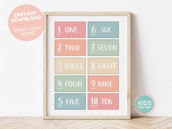 One To Ten Numbers Wall Art Nursery Decor Playroom Homeschool Resource Educational Print Learning Tool
