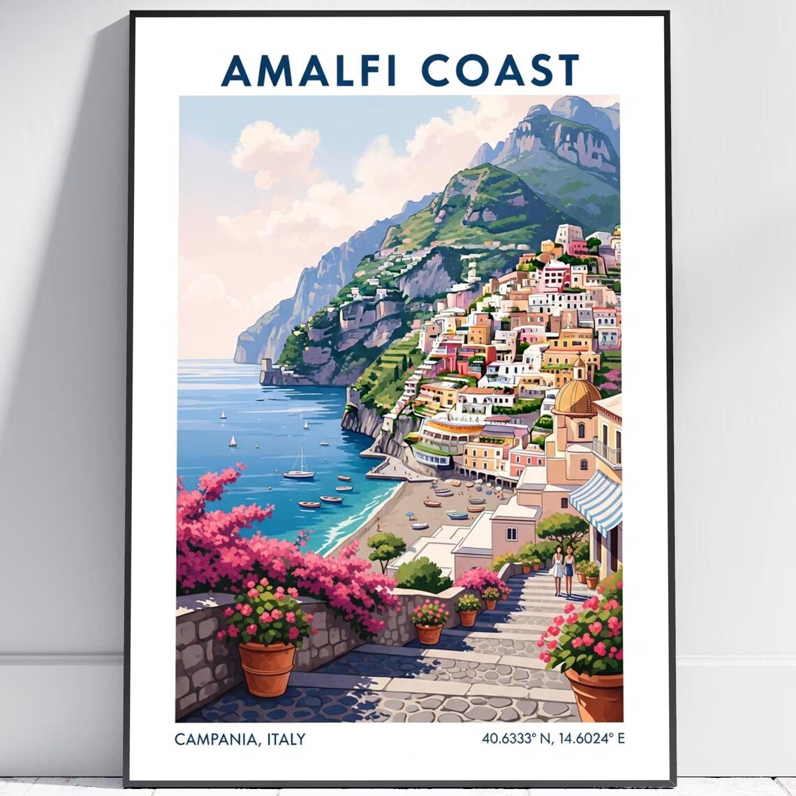 Amalfi Coast Italy Campania Cliffside Town Vintage Travel Poster