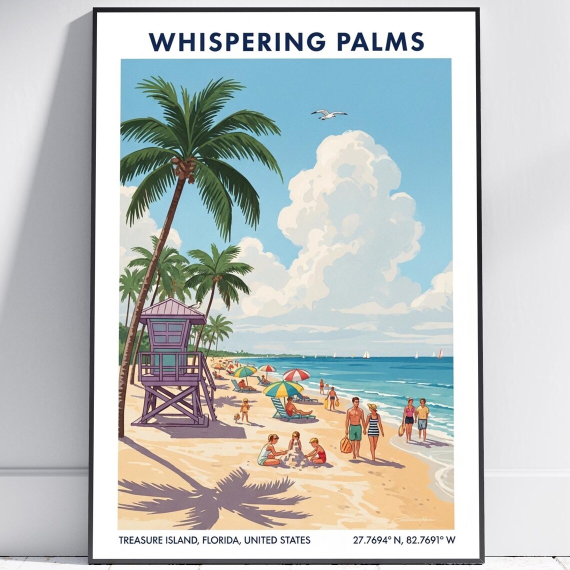 Whispering Palms Treasure Island Florida Retro Beach Scene Poster