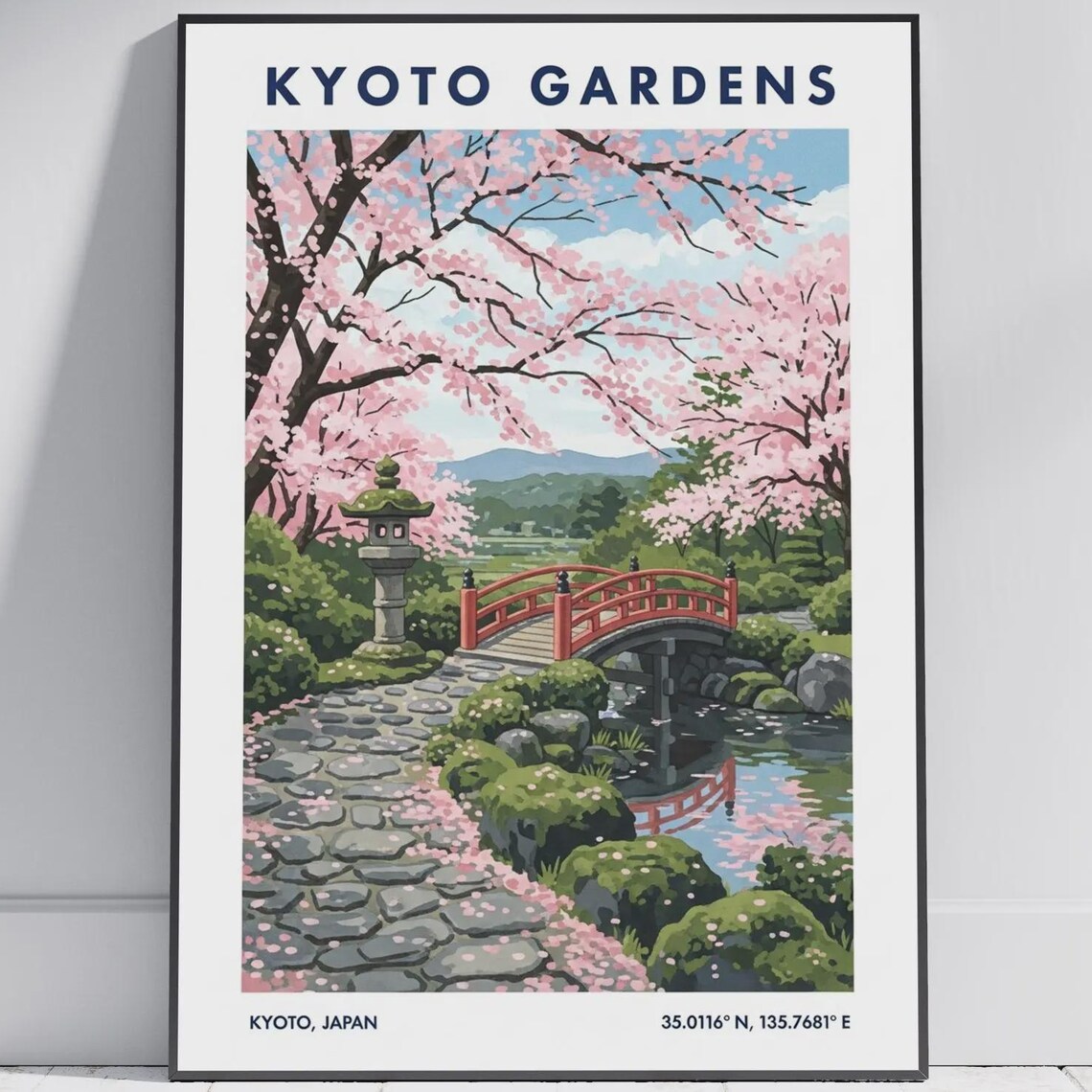 Kyoto Gardens Japan Cherry Blossom Red Arched Bridge Travel Poster