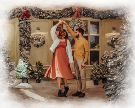 Couple Dancing Under Christmas Lights at a Decorated Storefront Poster