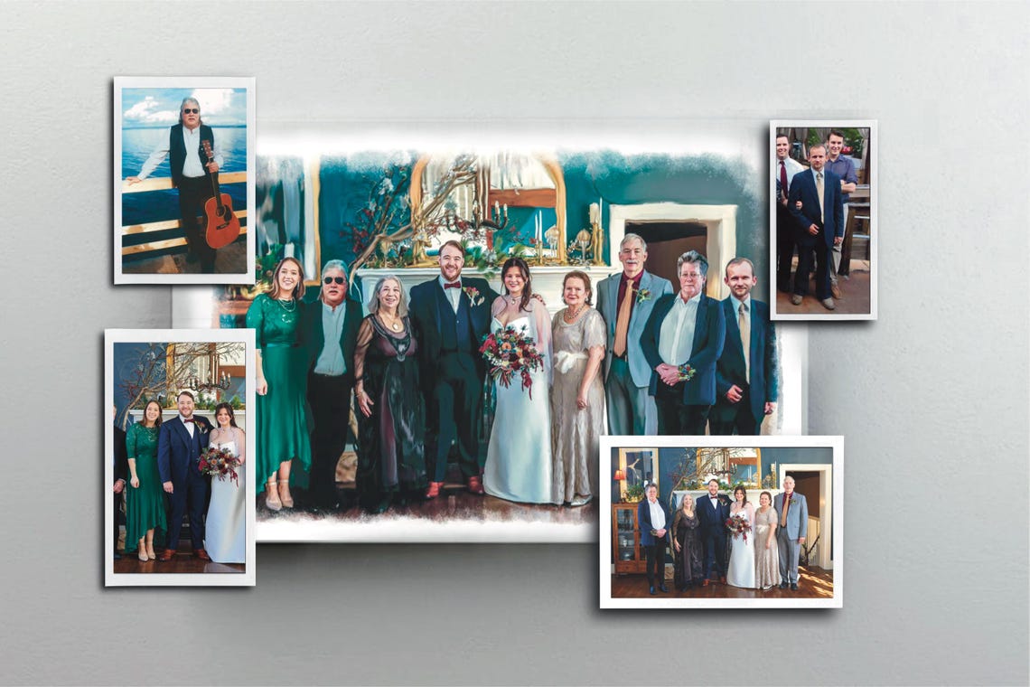 Canvas Collage of a Painted Wedding Group With Family Photos Poster