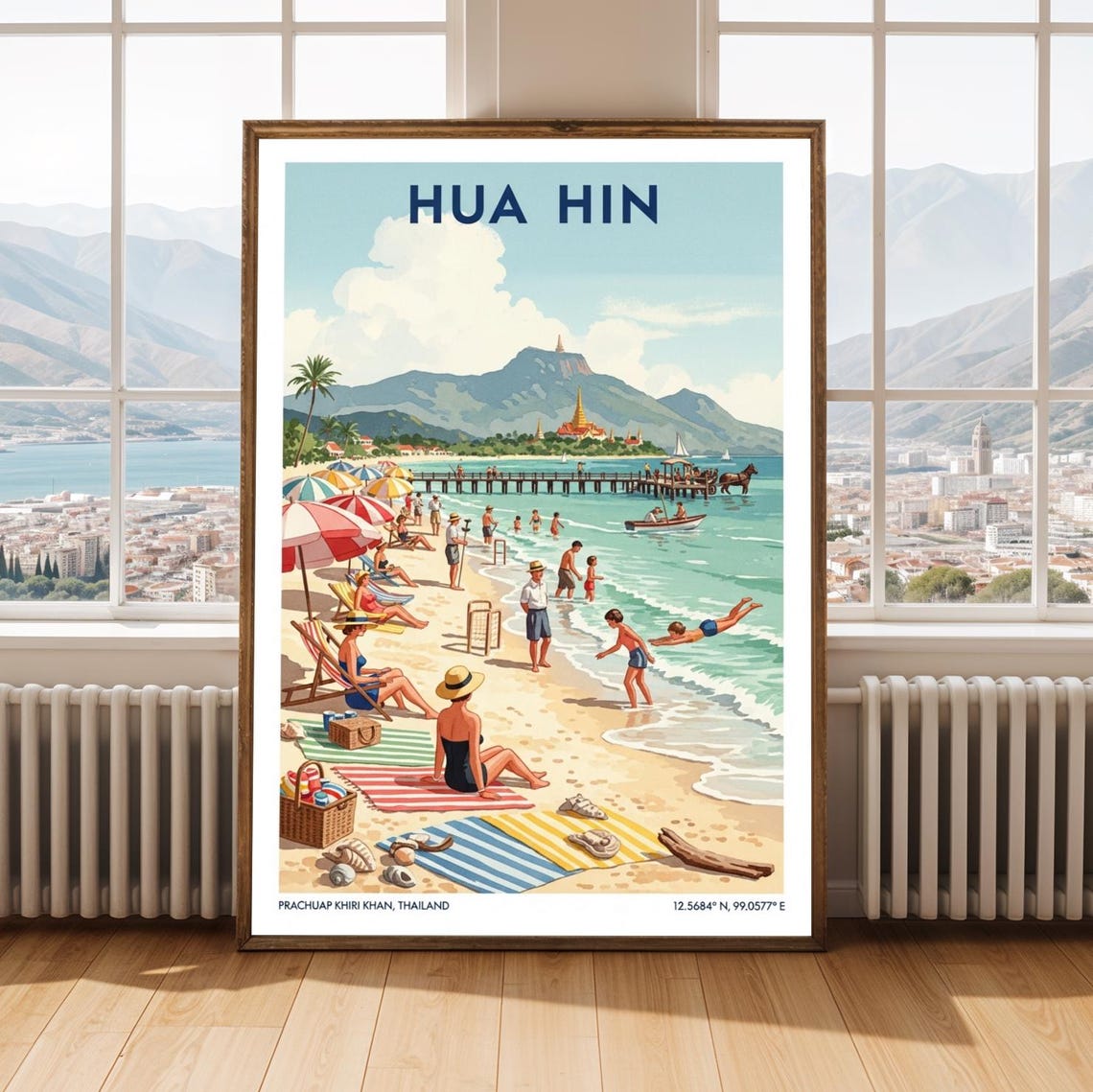 Hua Hin Vintage Travel Poster Thailand Retro Beach Scene Art