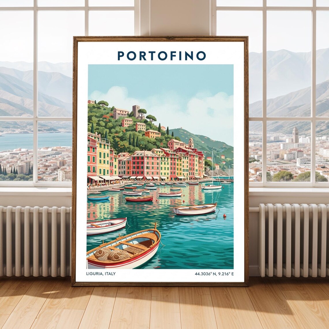 Portofino Italy Travel Poster Colorful Harbor Boats Liguria Coastal Art
