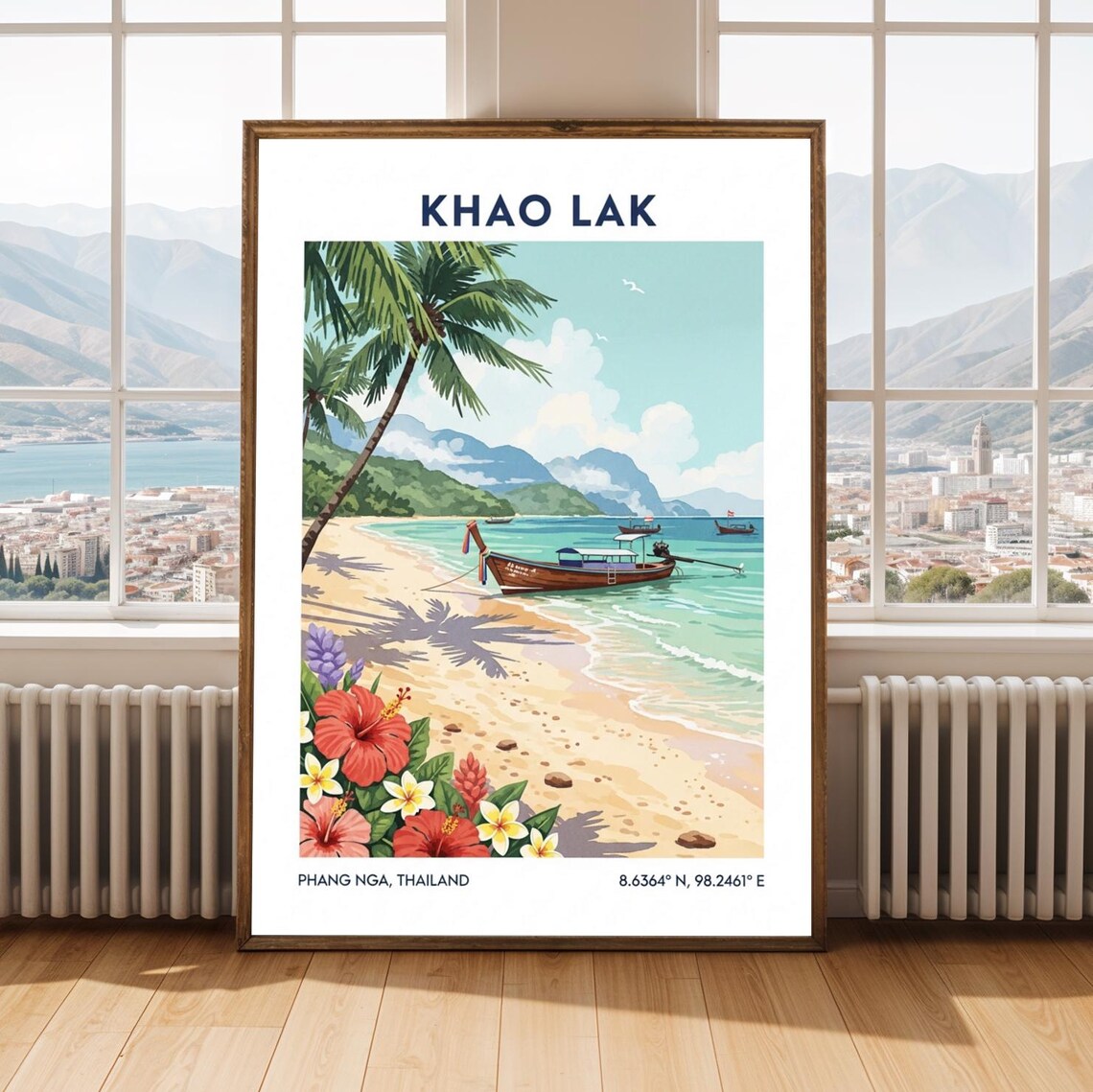 Khao Lak Thailand Travel Poster Tropical Beach Longtail Boats Floral Art